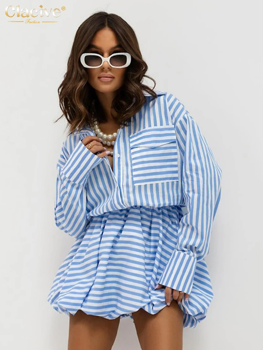 

Clacive Fashion Loose Stripe Skirt Set 2 Piece Woman 2025 Elegant Long Sleeve Shirt With High Waist Mini Skirt Set Female