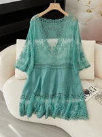 Cubierta de playa de verano para mujer, jersey con cuello en V hueco bordado de retazos de malla, camisa fina de protección solar de estilo bohemio