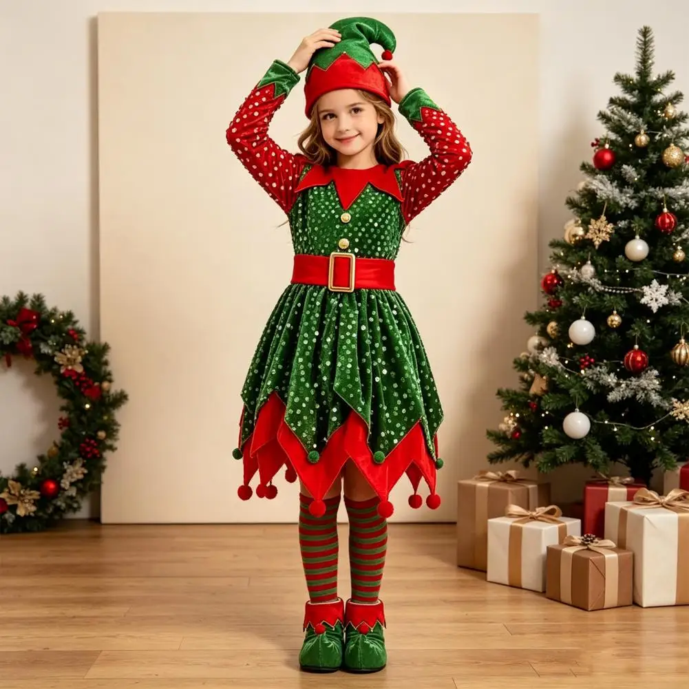 Christmas Party Wear Girls Christmas Elf Costume Set with Sequin Dress Pointed Hat Striped Socks Shoe Covers for Holiday Party
