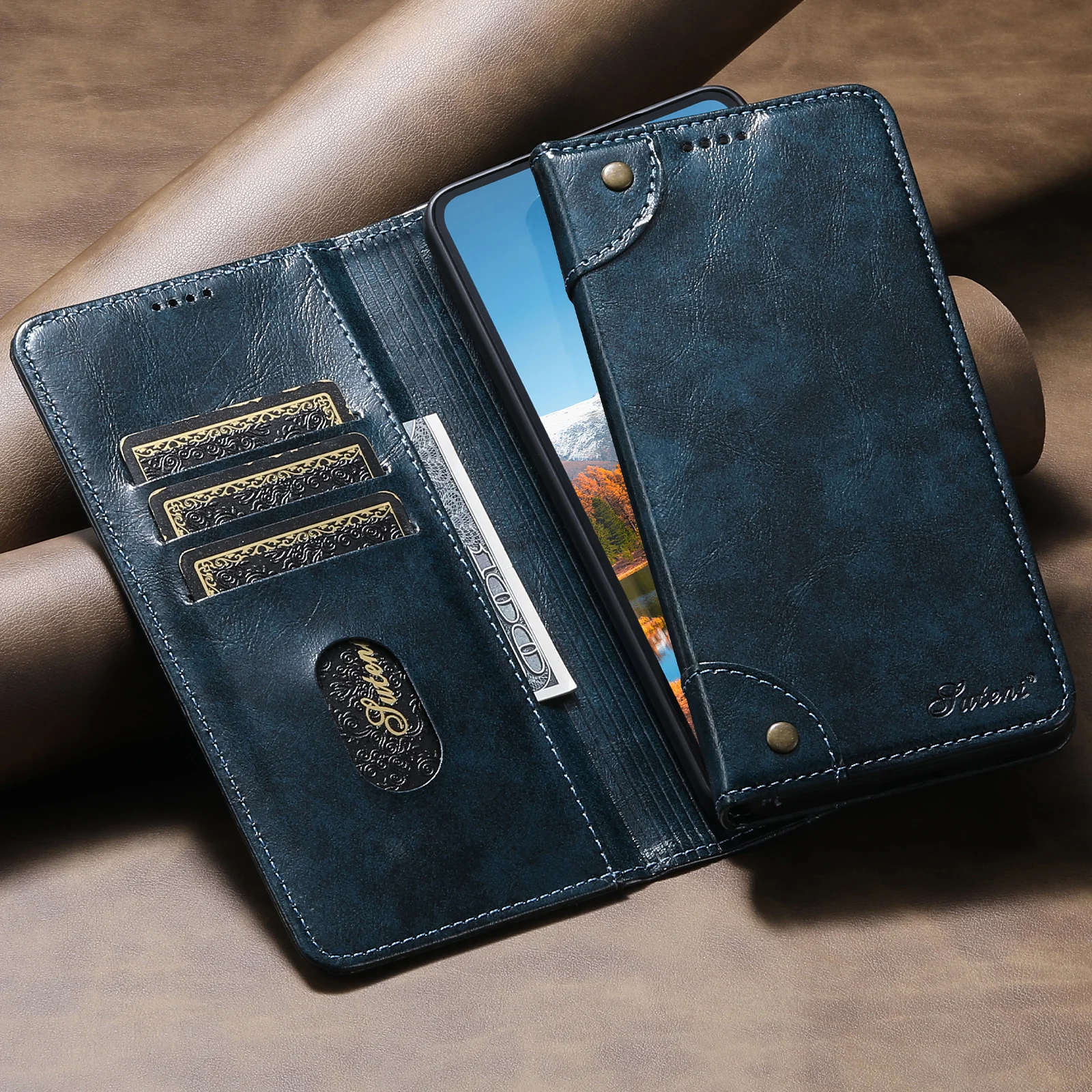 SUTENI Handyhülle aus Kunstleder mit Kartenhalter, Standfunktion, Brieftasche, Magnetverschluss für Galaxy S26 Ultra S25 Plus S24 S23+