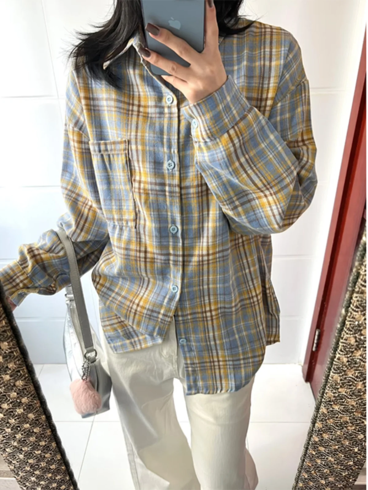 

Vintage Plaid Long Sve Men's irt Spring 2025 Lazy High-End Flannel Cheered Outerwear Couple's irt Loose Fit Youth Trend