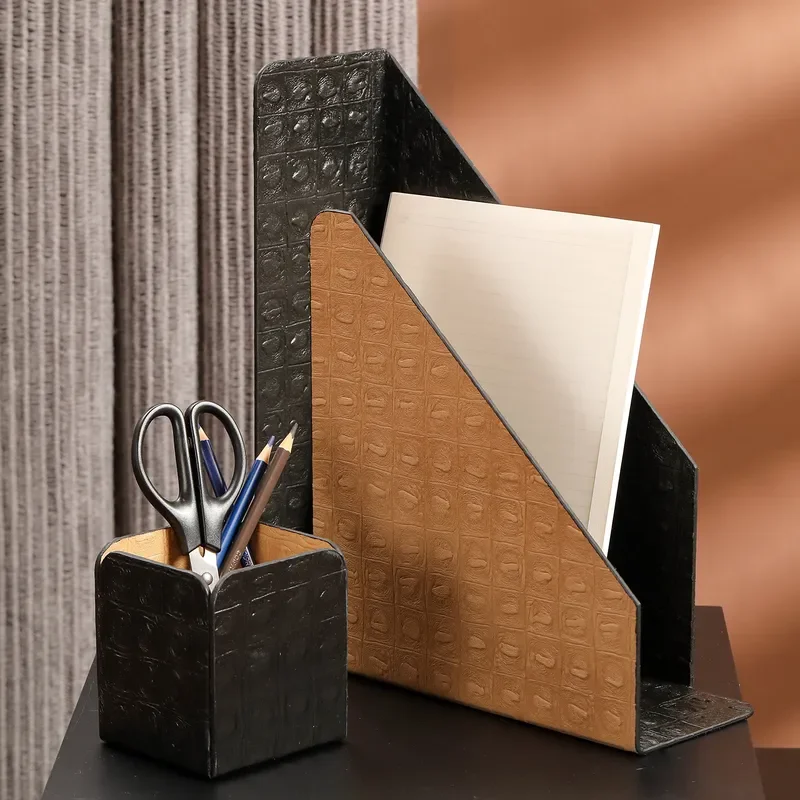 Business Office Desktop File Storage Rack Modern Light Luxury Leather Desktop File Folder Desktop File Rack