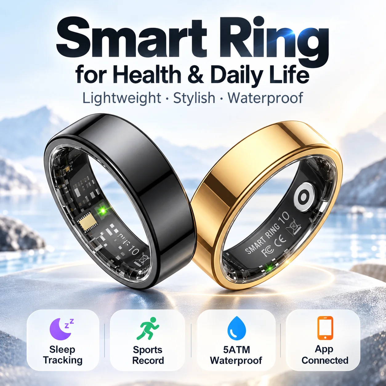 Smart Ring 5ATM Waterproof Sleep Sports Tracking Bluetooth 5.2 Gesture Camera QRing for Men Women