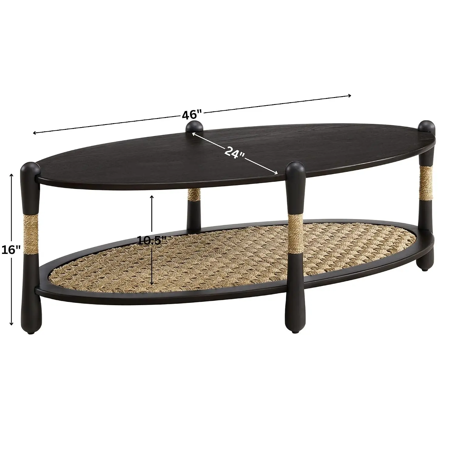 Oval Oak Wood Coffee Table, Black Smoked Finish, Living Room, 46