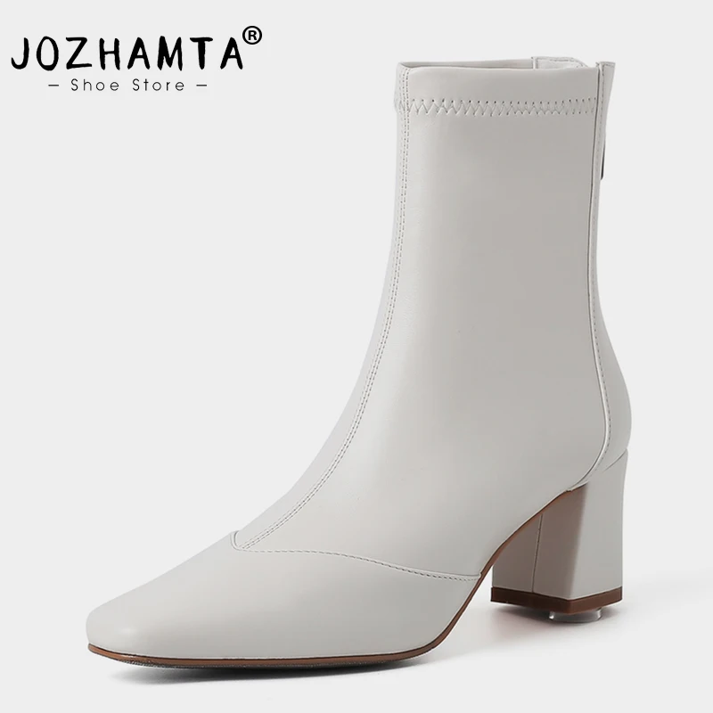 

JOZHAMTA Size 34-39 Women Elastic Boots Genuine Leather Retro Square Toe Thick High Heels Shoes Woman Winter Fashion Ankle Boots