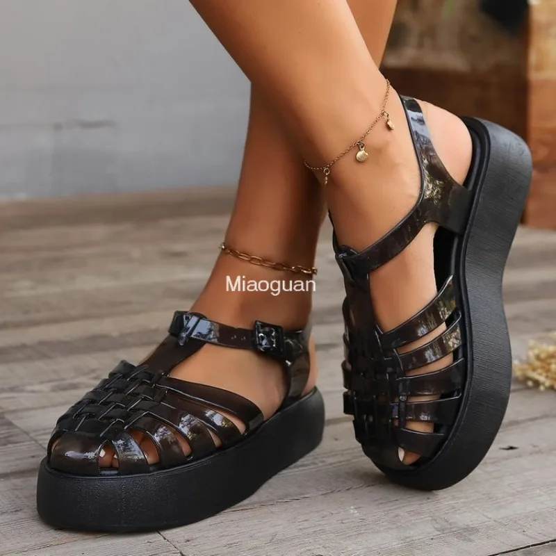 Toe Closed Summer Beach Sandals Shoes Women Fashion Jelly Sandals Rome Shoes Soft Pvc Material Women Summer Rome Platform Sandal