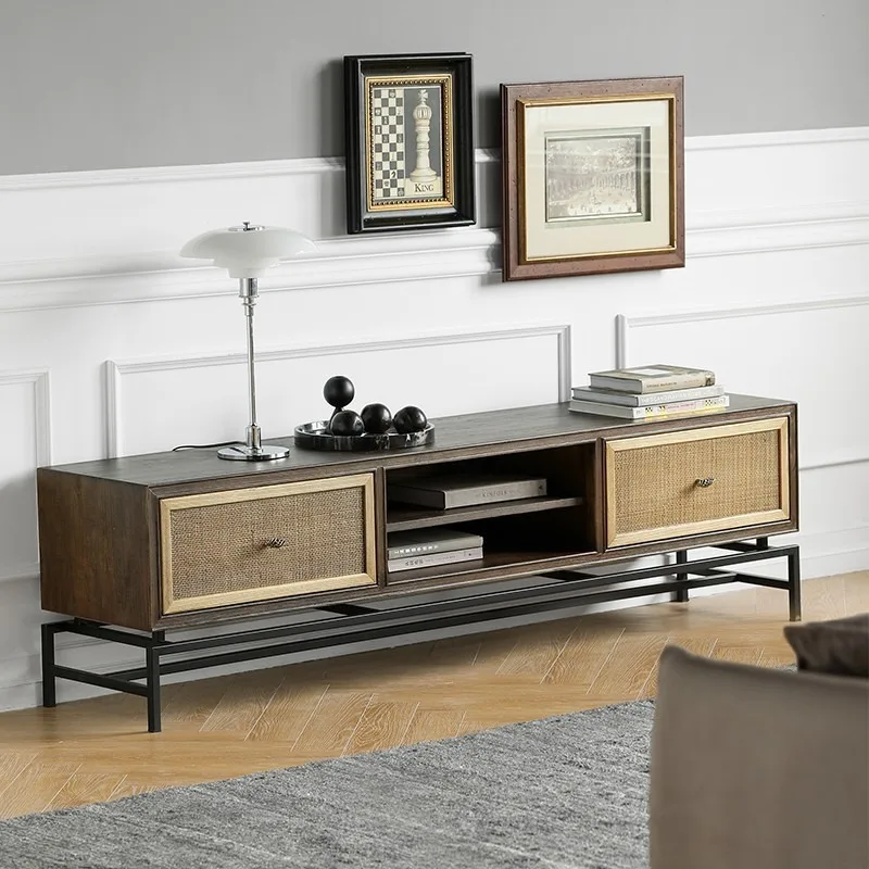 Solid wood TV cabinet, living room audio-visual cabinet, wrought iron locker, rattan wall cabinet storage cabinet