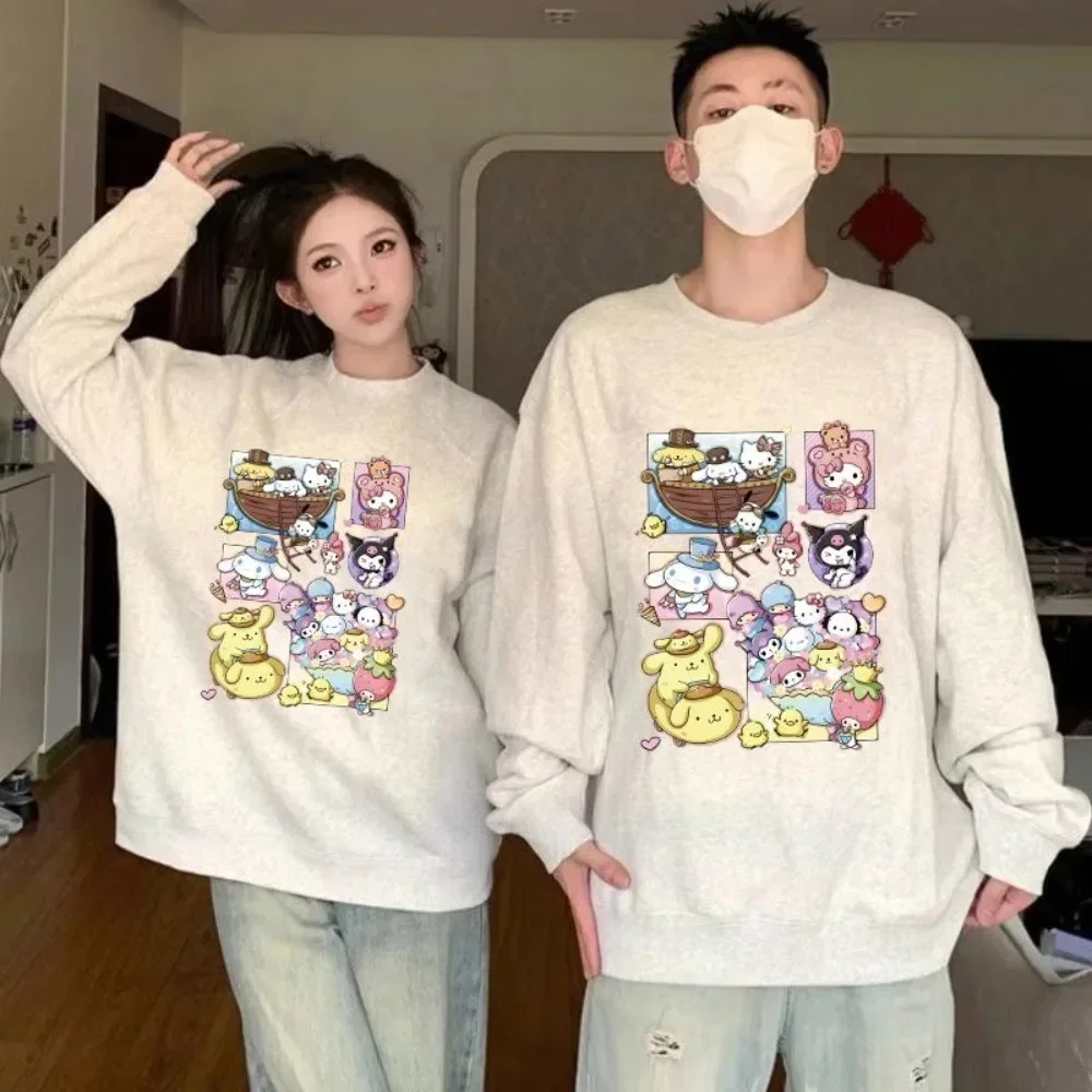 Miniso Hello Kitty T-shirt Cute Pure Cotton Printed Pullover Cartoon Autumn Winter Style Loose Casual Couple Sports Shirt Top