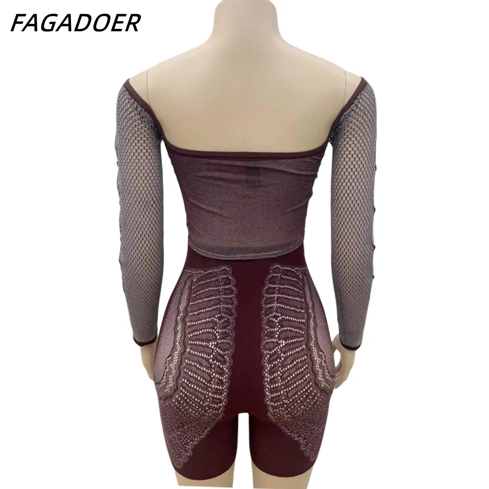 FAGADOER Sexy Thick Lace Hollow Bodycon Two Piece Sets Women Off Shoulder Long Sleeve Crop Top And Shorts Outfit Female Clothing