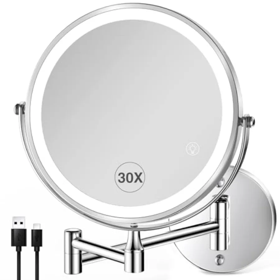 

30X LED Lighted Makeup Mirror: 8.5in Wall Mounted Magnifying Mirror with Light - Chrome