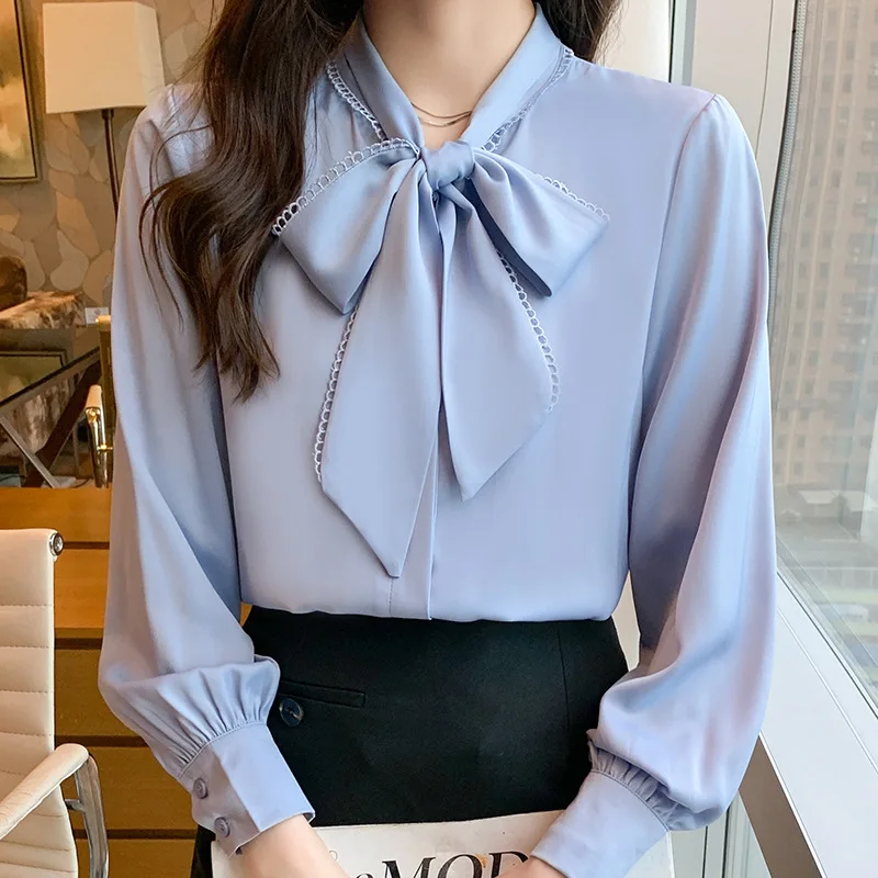 Spring Casual Satin Women Blouse Fashion Long Sleeve Shirt Office Lady Elegant Bow Neck Tops