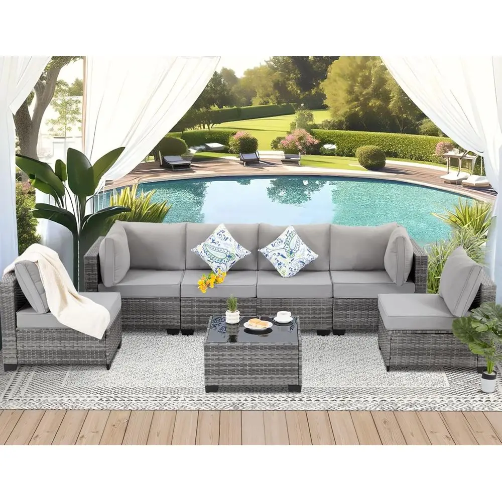 

7-Piece Grey Outdoor Wicker Patio Furniture Set with Cushions and Coffee Table for Backyard, Poolside, or Porch
