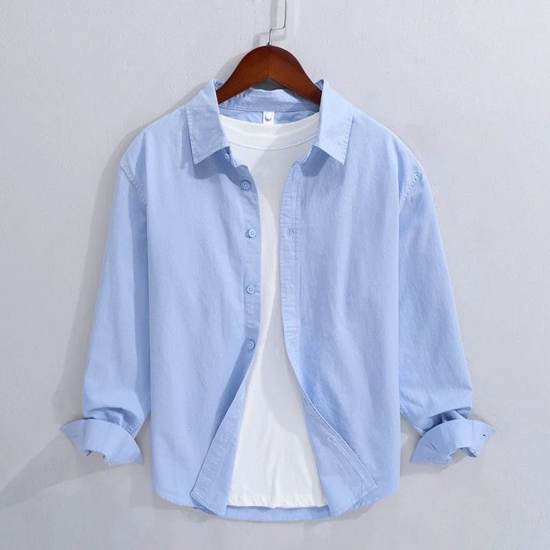 

Новый синий хлопковый длинный свек, повседневный тонкий рукав для молодых мужчин, сезон весны и осени, дышащий удобный классический воротник