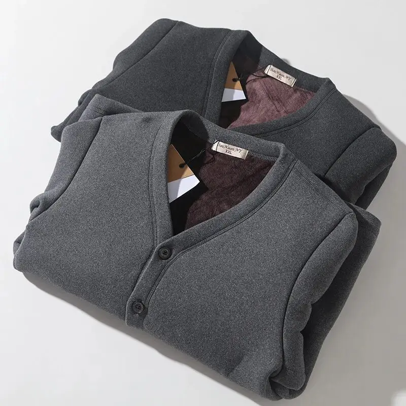 

Мужской зимний кардиган с V-образным вырезом, на флисовой подкладке, утепленный, ветрозащитный, теплый, повседневный, модный городской стиль