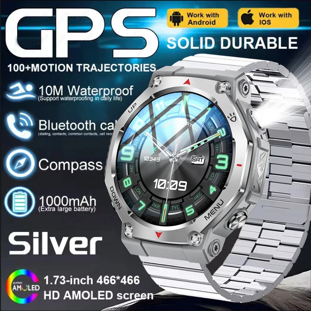 Smartwatch T-REX 3 z funkcją połączeń Bluetooth, GPS, dla mężczyzn, zegarek wojskowy outdoorowy, wodoodporność 10ATM, światła LED, monitorowanie stanu zdrowia.