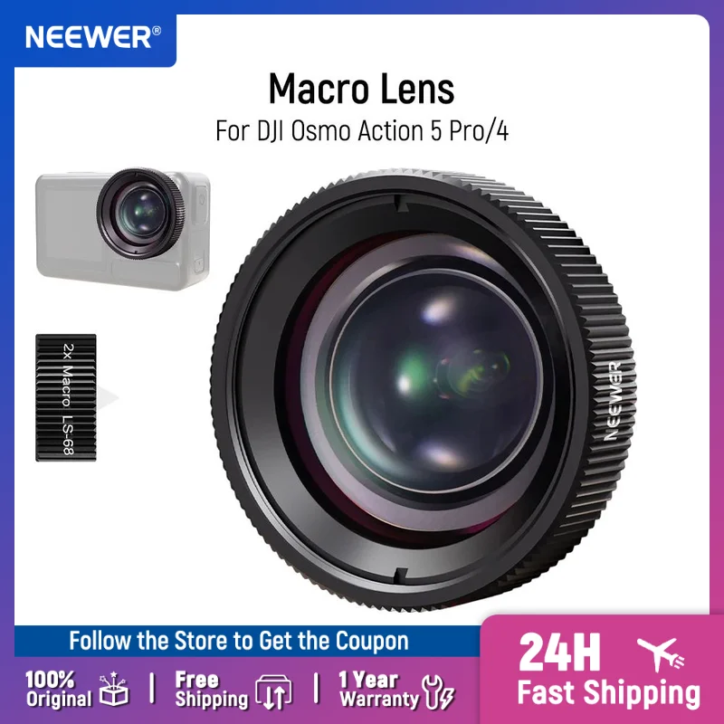 NEEWER Objectif Macro Compatible avec la cam�ra d'action DJI Osmo Action 5 Pro/4, 2 �l�ments en 1 groupe, grossissement 2X