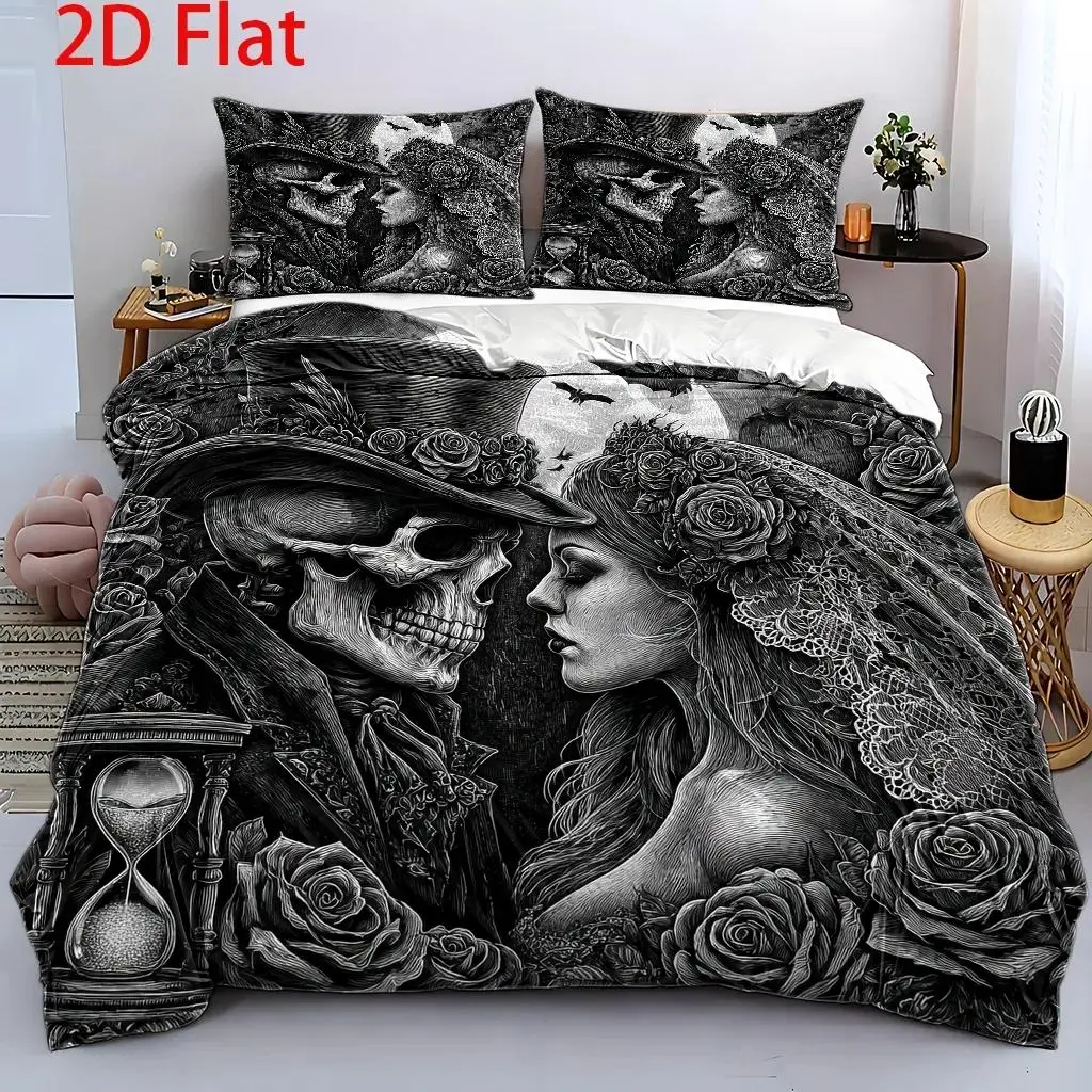 3Pcs Duvet Cover Set, 1 Duvet Cover + 2 Pillowcases, No Filler, 2D Flat Printing, Skeleton Bride Theme, Gothic Romantic Style, H