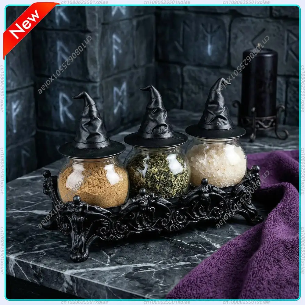 

3 Piece Gothic Apothecary Spice Jars Set w/ Witchy Hat Lids Vintage Unique Witchcore Kitchen Decor Spice Storage Containers Set