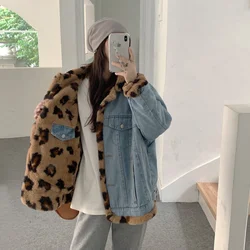 Korean Fashion Vintage Leopard Denim Jacket Women Winter Streetwear Warm Faux Fur Coat Reversible Luxury Designer Women Clothing