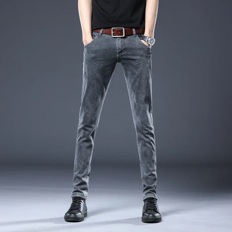 2026 New Gray Skinny Jeans Men's Slim Elastic Korean Fashion Vintage Casual Fee… - Image 2