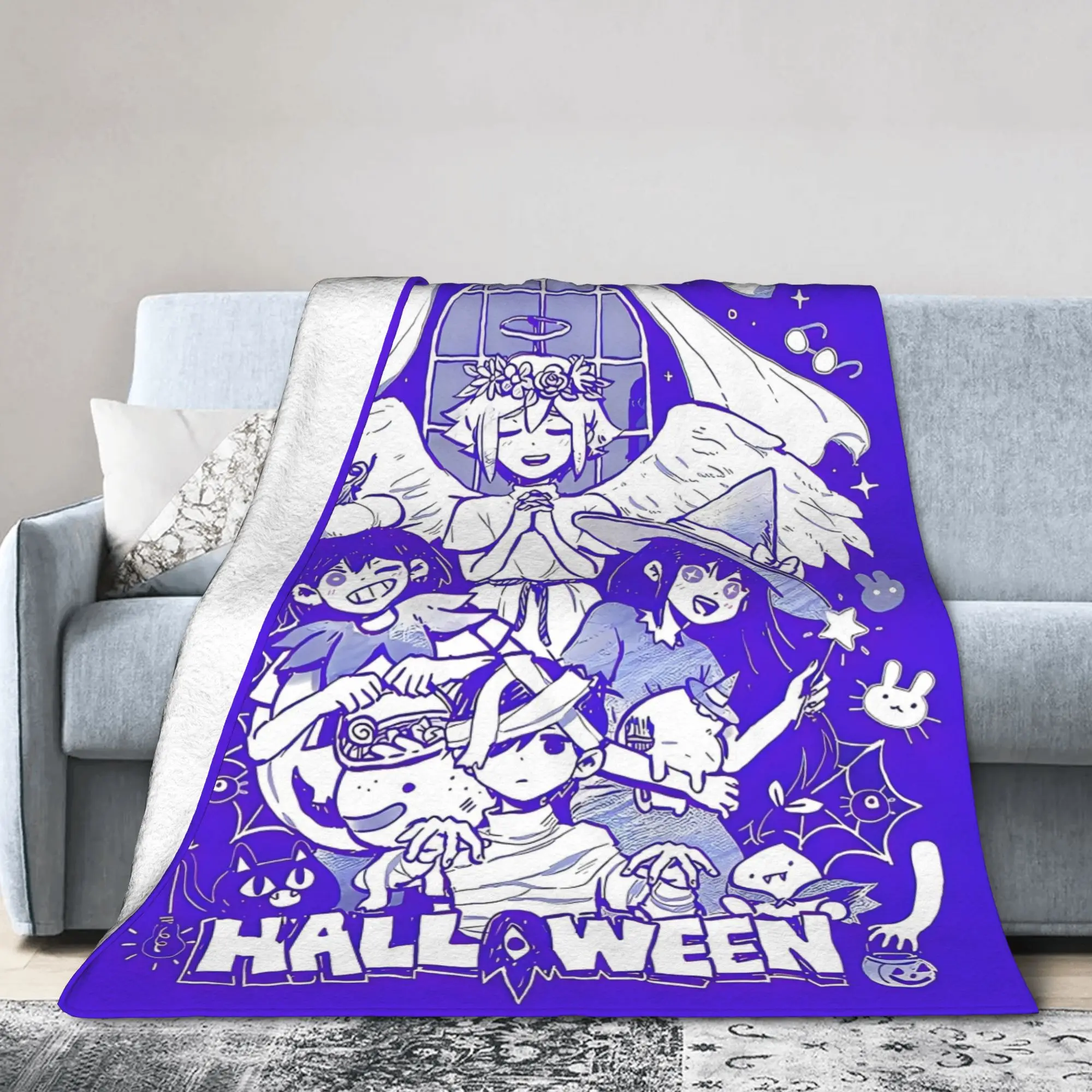 Happy Halloween poster omori Flannel Blankets  Warm Soft Throw Blanket for Outdoor Airplane Travel Bedspread Sofa Bed Cover