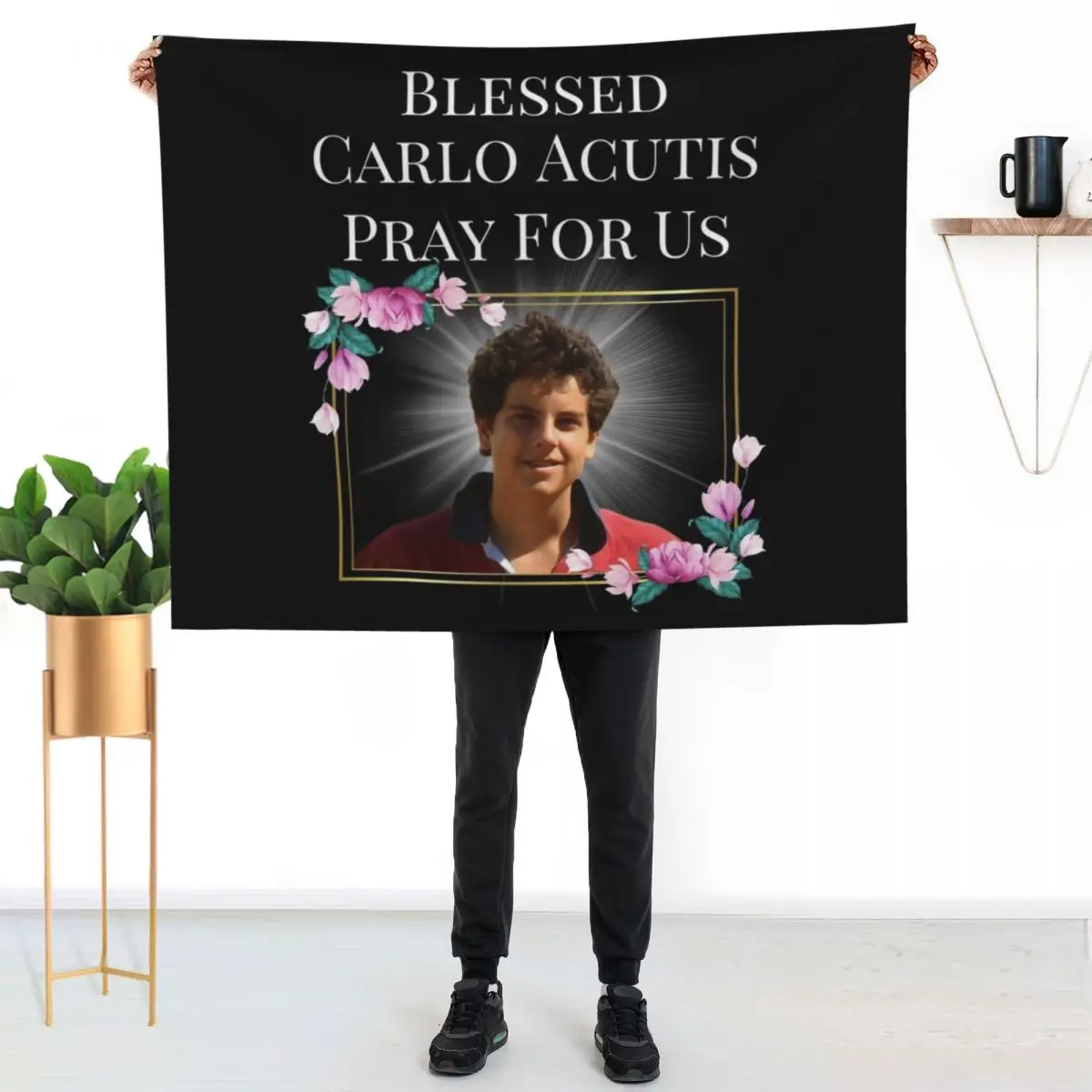 

Blessed Carlo Acutis Pray For Us First Millenial Saint Servant of God Gift Throw Blanket Cozy Warm Blanket for Bed Room Decor