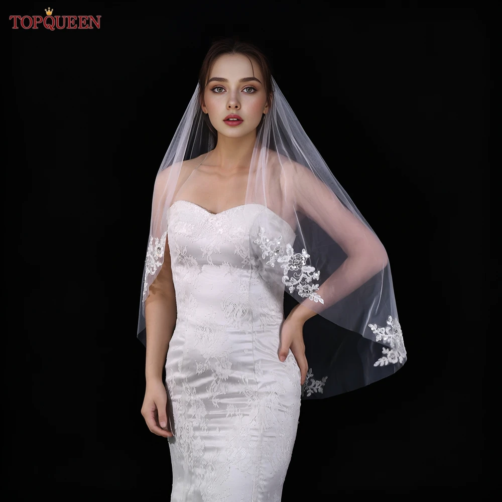 TOPQUEEN Elbow Length Lace Wedding Veil With Partial Trim Soft Single Tier Bridal Veil with Lace Edge Bride To Be Veil V49