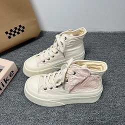 2025 New Women Canvas Shoes High Top Female Thick Sole Sneakers Lace Up Students Solid Sports Shoes Blue Pink Summer Denim