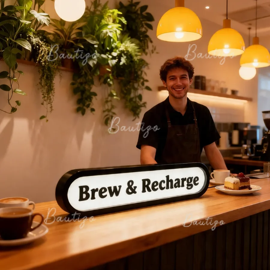 Coffee Shop Sign LightBox Brew&recharge Lighted Logo 3d Printed Lamp Customizable Tabletop Light Up Sign Custom Led Light Box