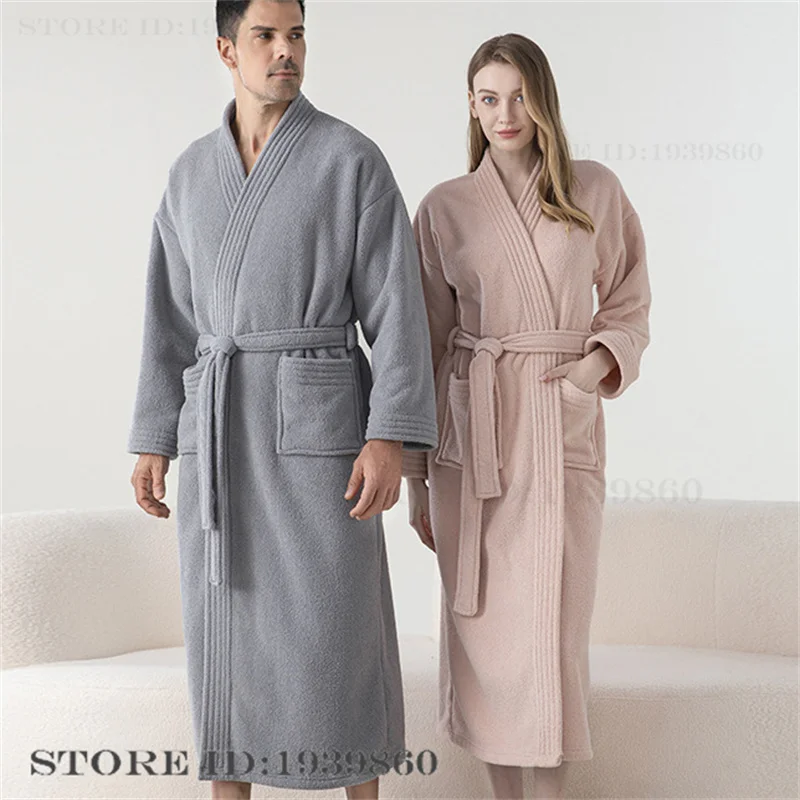 Winter Couple Long Robe Kimono Bathrobe Thicken Flannel Men Sleepwear Homewear Casual Warm Coral Fleece Nightwear Loungewear