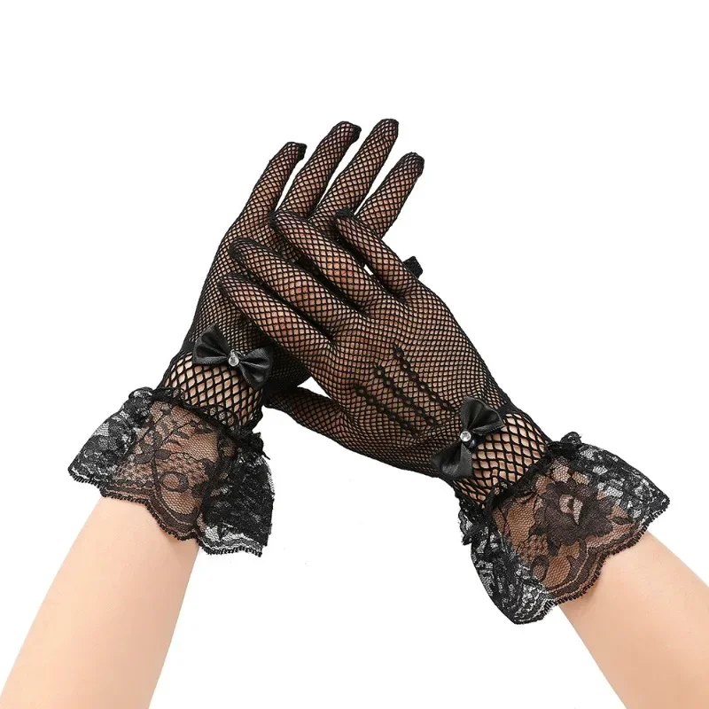 Сетчатые перчатки в сеточку, кружевные эластичные перчатки для выступлений на сцене, дышащие перчатки с бантом для невесты, женские дышащие модные перчатки