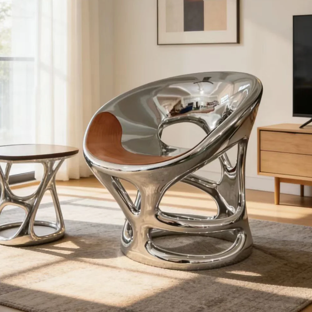 Wholesale Fiberglass Lounge Chair Mirror Silver Chrome Finish Biomorphic Organic Shape Modern Luxury Hotel Project Seating