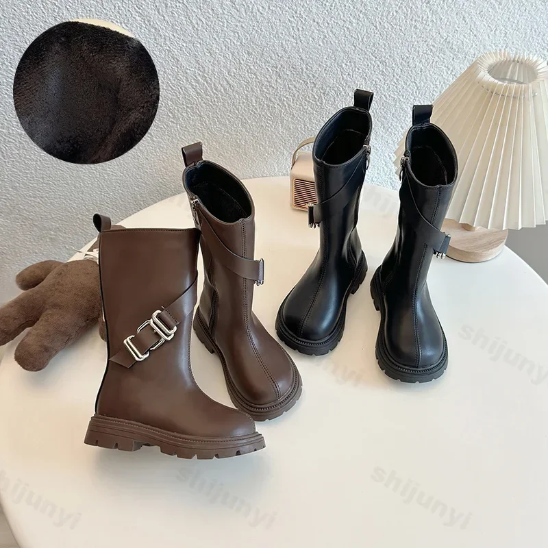 2025 Winter Sexy Black Catwalk Casual Round Toe Fashion Buckle Children's Square Heel Kids Comfortable Increased Warm Long Boots