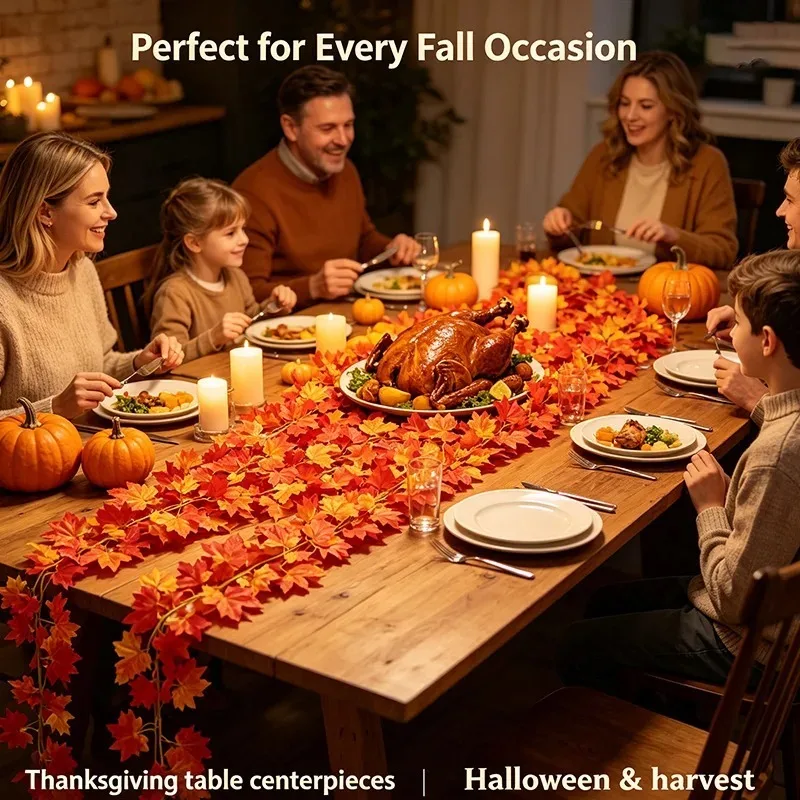 Artificial Fall Maple Leaf Garland Fake Hanging Vine Autumn Leaves for Thanksgiving Halloween Christmas Wedding Party Home Decor - view 4