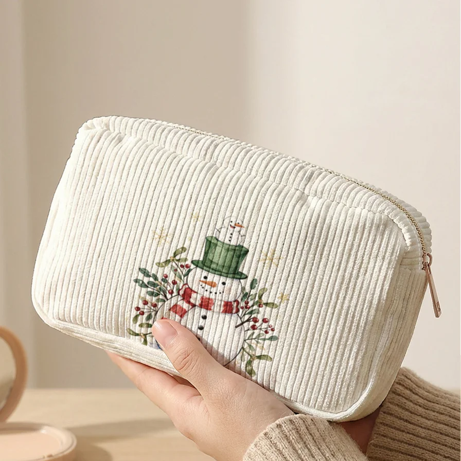 Christmas Cosmetic Bag Corduroy Watercolor Snowman Berry Leaf Print Zipper Pouch Travel Makeup Storage Bag Christmas Gift