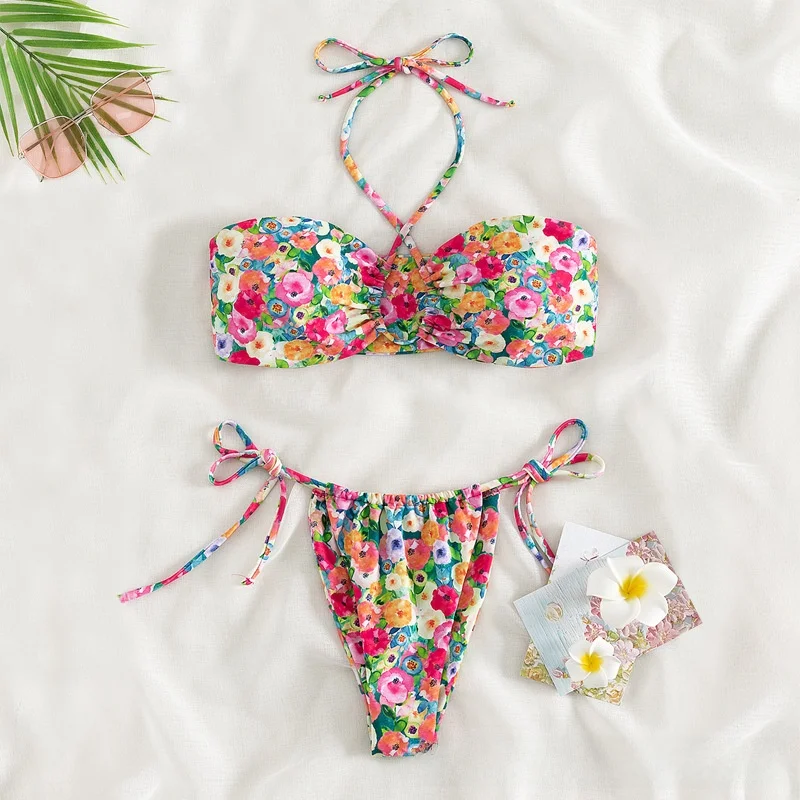 

New Cross-Border Women's Bikini Swimsuit Print ter Ne Strap Sexy Separate Design Swimming Costume with Chest Pad No Stee...