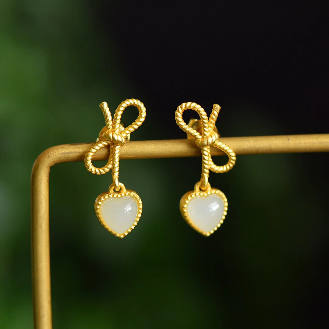 S925 Sterling Silver Stud Earrings Women s Gold Plated Temperament Heart Shaped Bow Love Earrings For Daily Wear And Gift Giving