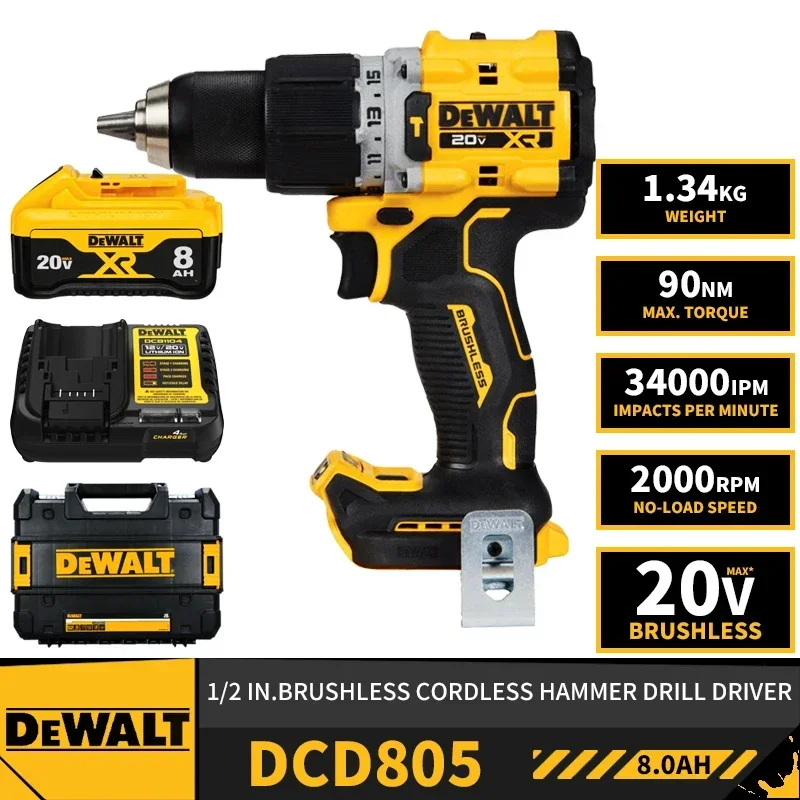 Комплект DeWalt DCD805, 1/2 дюйма, бесщеточная аккумуляторная ударная дрель, 20 В, литиевый электроинструмент, 2000 об/мин, 90 нм, 34000IPM, с зарядным устройством