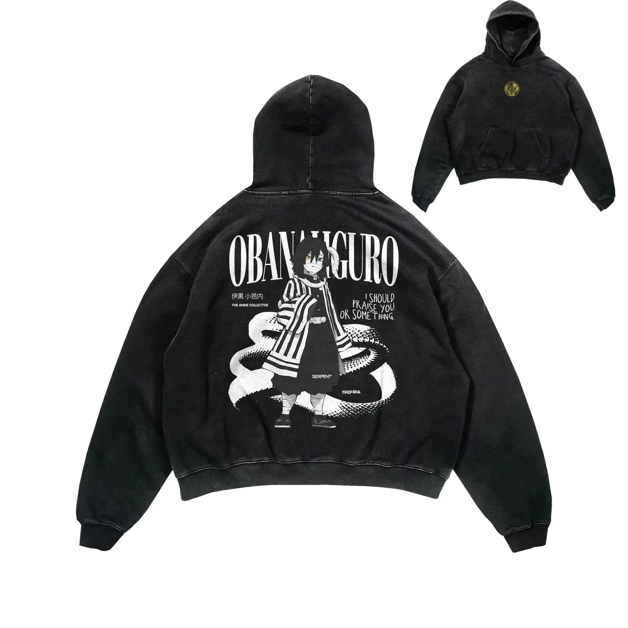 

Мужская винтажная потертая черная хлопковая толстовка с капюшоном в стиле аниме Demon Slayer Obanai Iguro с рисунком со змеиным дизайном, свободная Y2K в стиле хип-хоп