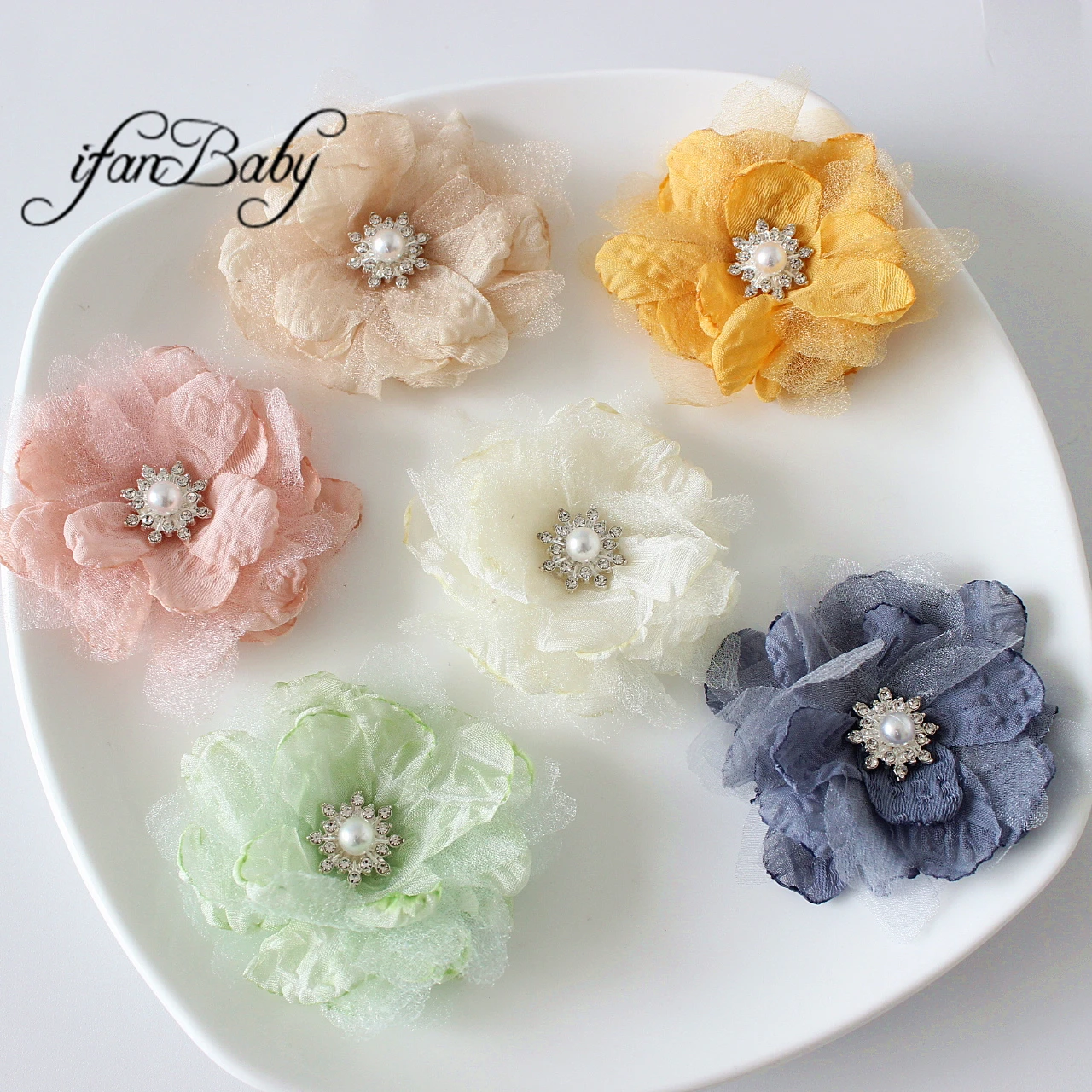 Burned edges flower Romantic Fabric Hair flower Ruffled Flower with rhinestone in center ,Gift for Kids Girl FLAT BACK