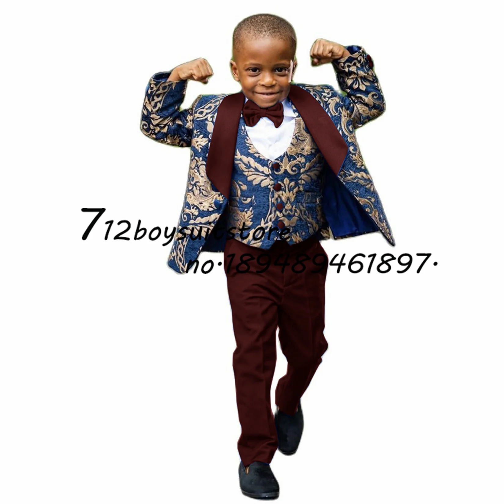 Suit for Boys Wedding Floral Jacket Pants Vest Three-Piece Set Gold Pattern Fashion Blazer Kids Complete Clothes ملابس اولاد