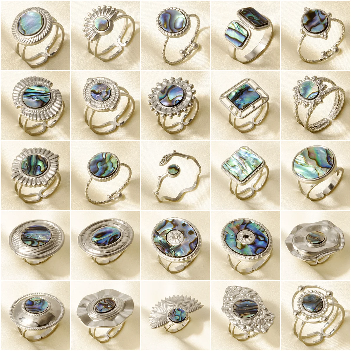 

1pc Vintage Round Square Irregular Shape Adjustable Open Rings Natural Abalone Shell Steel Rings Women Boho Charms Jewelry Gifts