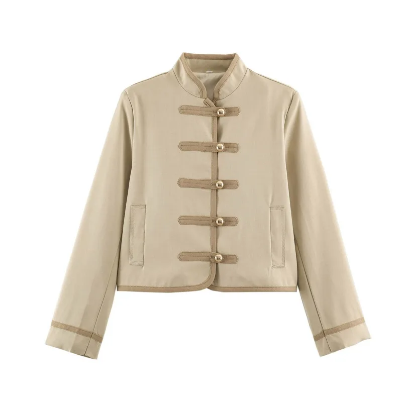 Two-color New Chinese Stand-up Collar Buckle Contrasting Color Short Coat Women's Exquisite Simplicity Casual Trend Personality