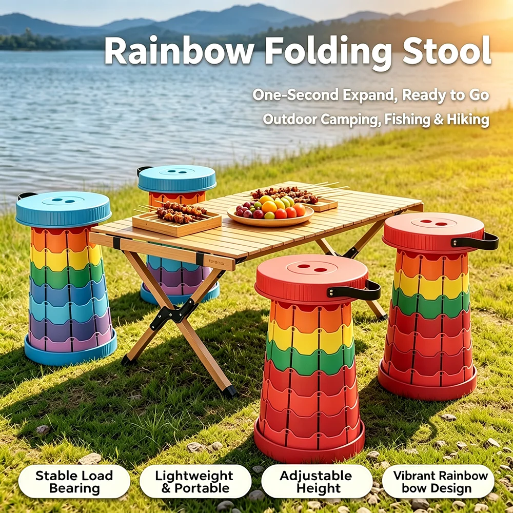 Rainbow Folding Stool, Adjustable Height PP Portable Collapsible Seat for Camping, Fishing, Hiking & Outdoor Activities