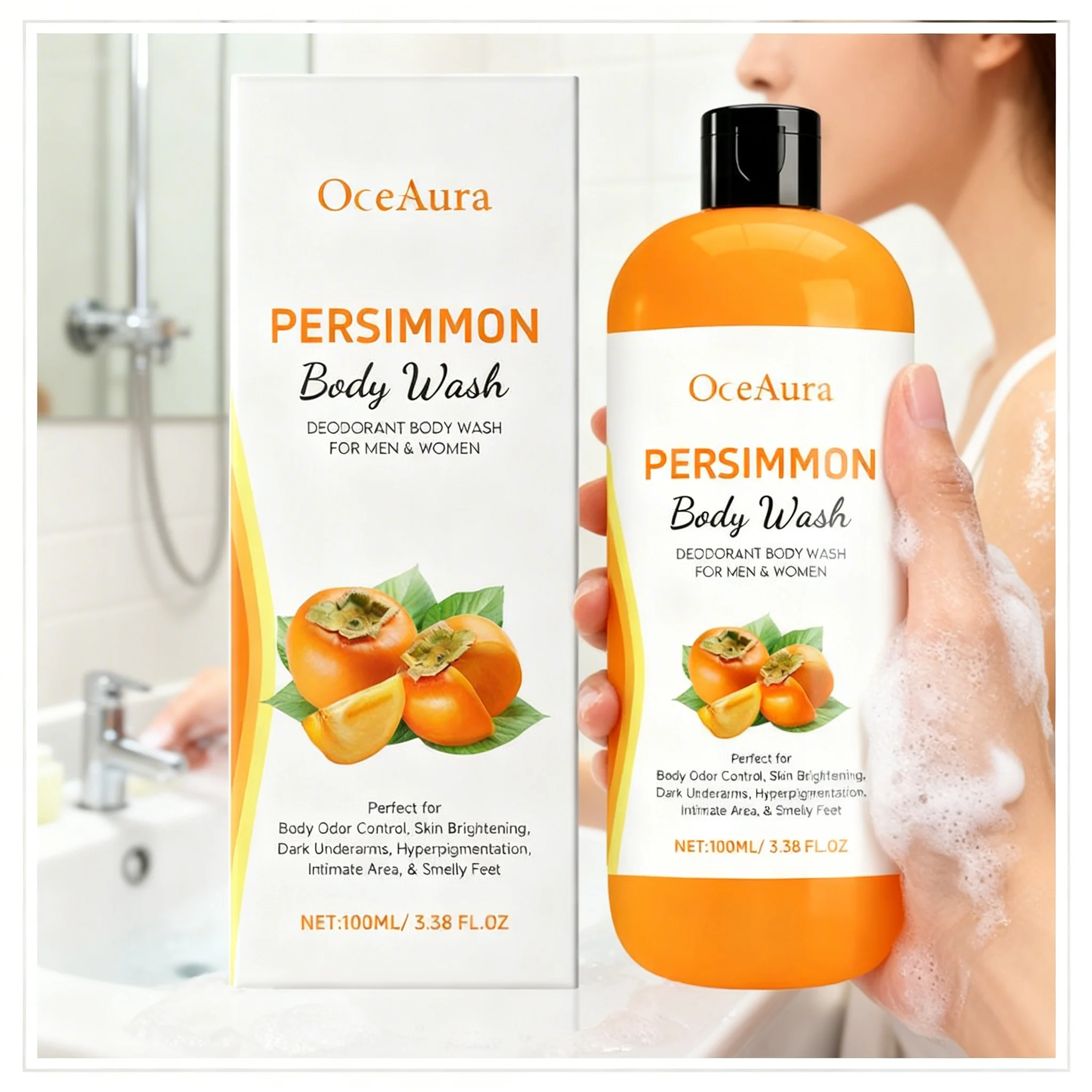 100ML 1/3PCS Persimmon Body Wash Moisturizing Skin Cleaning Smooth Soft Body Odor Remover Bath Products Exfoliating Shower Gel