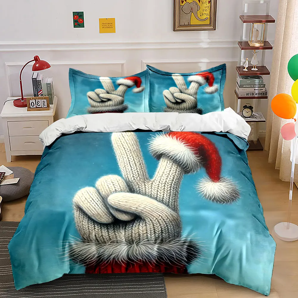 Knitted Glove with Santa Hat Showing a Victory Sign Print Duvet Cover Bedding Set Included 1*Duvet Cover 2*Pillowcases