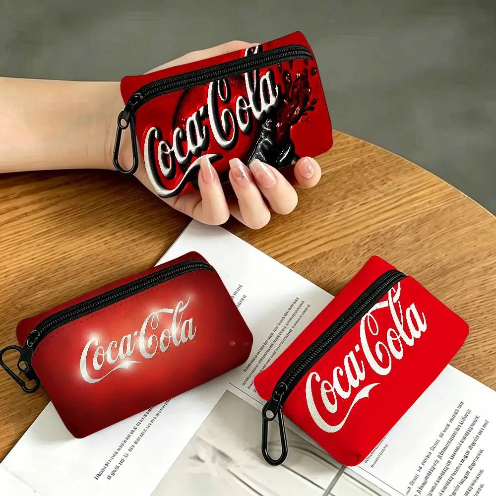 C-Coca Cola Logo Mini Oxford Cloth Coin Purse With Carabiner Hook Portable Key Card Wallet Small Zipper Storage Pouch