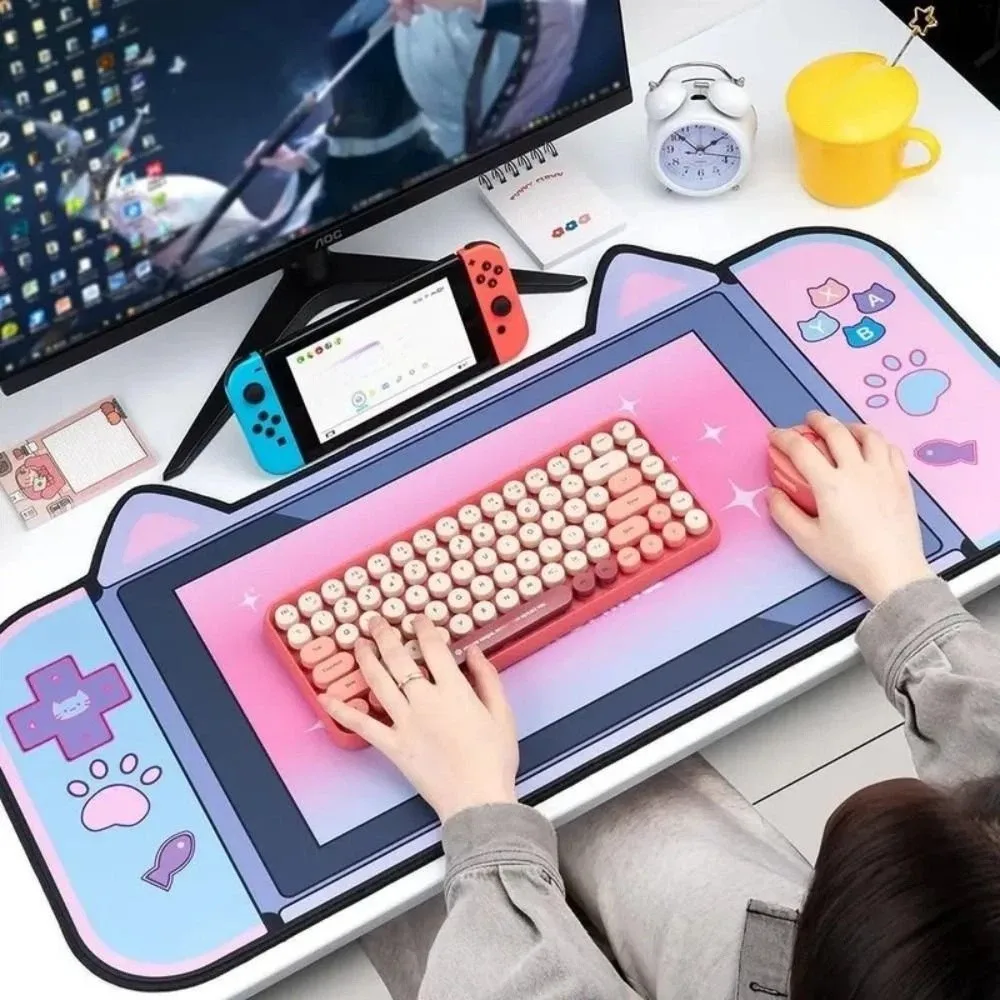 Cute Cat Ear Mouse Keyboard Pad Non-Slip Rubber Base Keyboard Desk Mat Cartoon Themed Large Mouse Pad For Gaming, Writing,Office