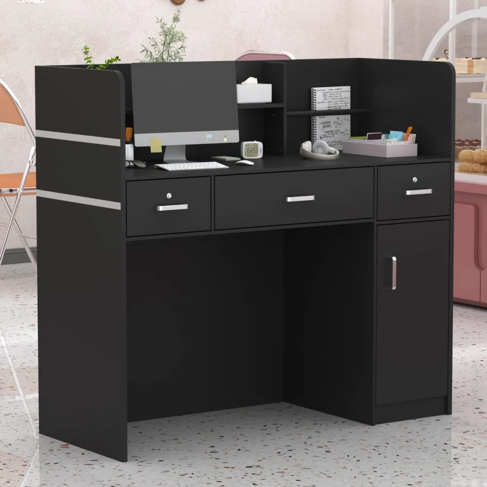 

Reception Desk Reception Stations with Open Shelf & Drawers, Wooden Counter Desk with Lockable Drawer for Office Reception Room