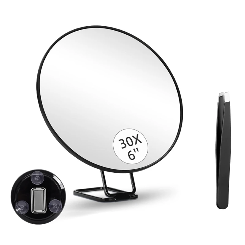 30X Magnifying Mirror With Stand Tweezers Magnified Makeup Mirror  With 3 Suction Cups  For Grooming & Travel